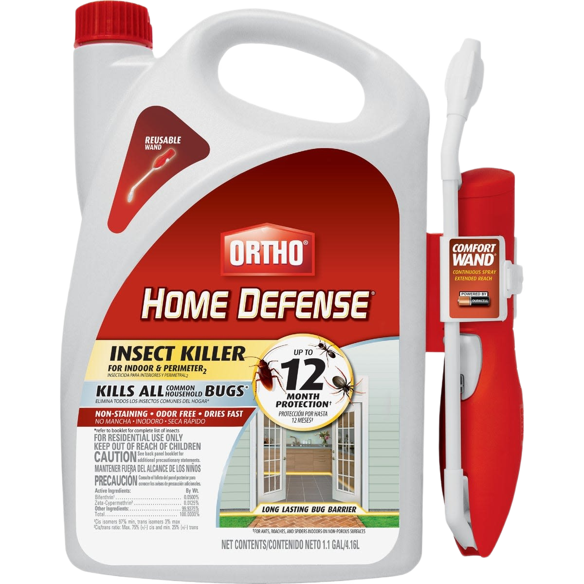 1.1 gallon container of insect killer with wand sprayer for indoor and perimeter use, featuring odor-free formula and quick drying