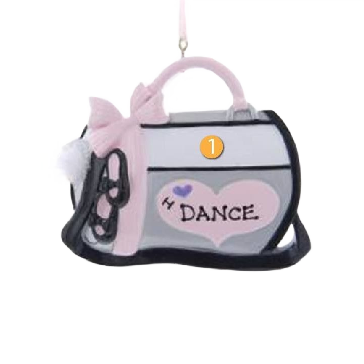 Pink and gray dance bag ornament with heart design and personalized details for Christmas or dance lovers collections