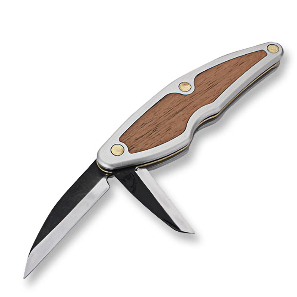 Folding pocket carving knife with wooden inlay handle and dual blades for precision woodwork and home improvement tasks