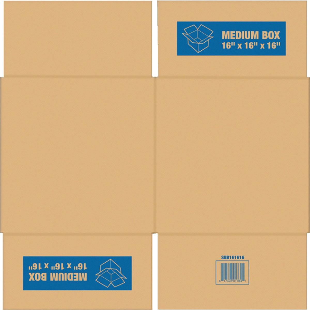 Flat layout of a large cardboard moving box with blue print showing size 16 x 16 x 16 inches in home improvement collections