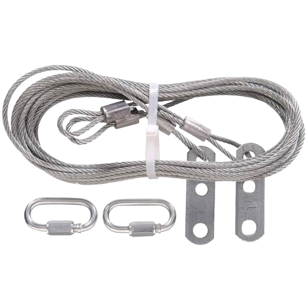 Coiled steel safety cable with metal loops and connectors for securing equipment in tools and home improvement use