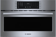 Stainless steel 30-inch speed oven with digital touchscreen control panel in modern Bosch kitchen appliances collection