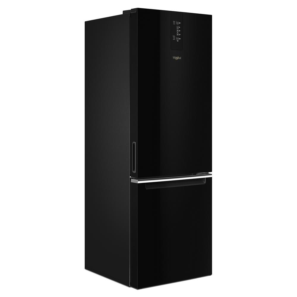 Black bottom-freezer refrigerator with digital controls designed for garage use in kitchen appliances and refrigerators collection