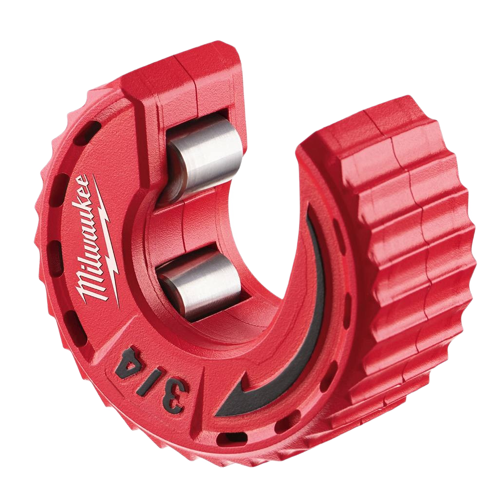 Compact red tubing cutter with ergonomic grip and dual rollers for precise 3/4 inch pipe cutting in tight spaces