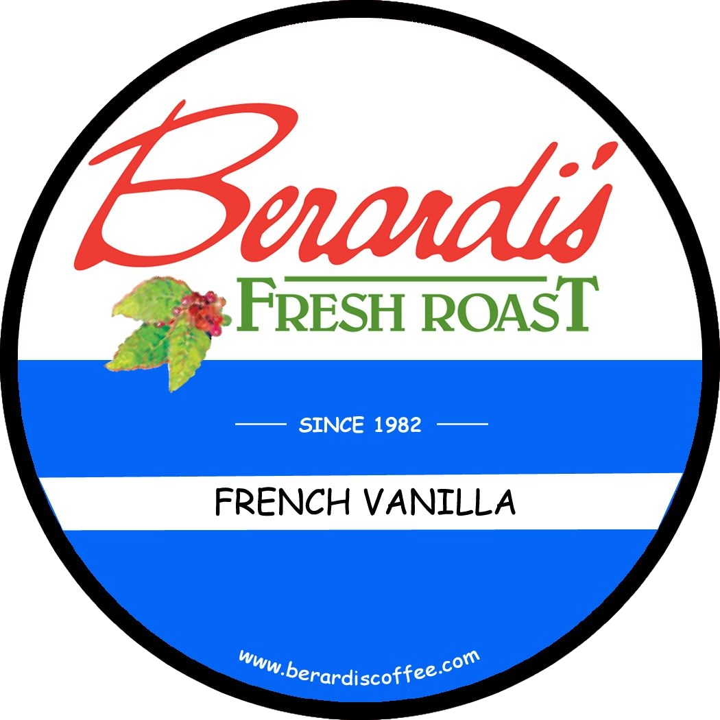 Berardi's Fresh Roast French Vanilla coffee pod label with vintage design and website URL for food and beverage collection