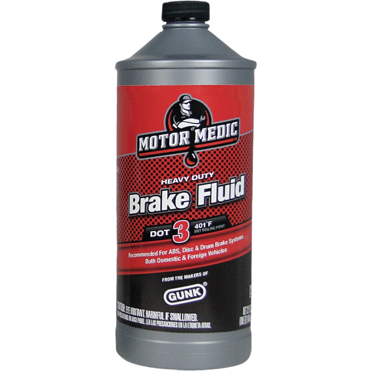 Gray plastic bottle of heavy-duty brake fluid with red and black label for automotive use in tools and home improvement projects