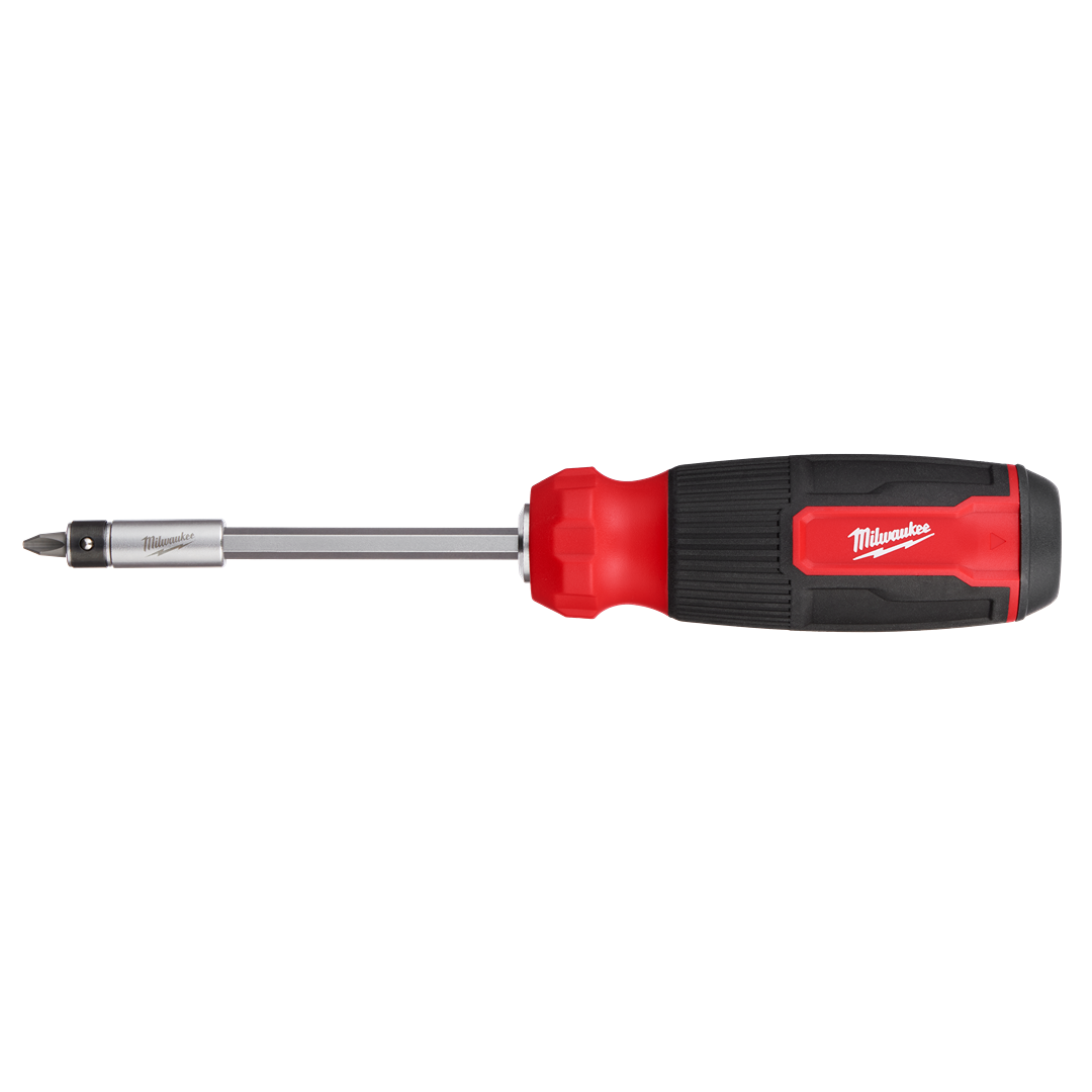 Compact red and black multi-bit screwdriver with ergonomic grip designed for home improvement and tool projects