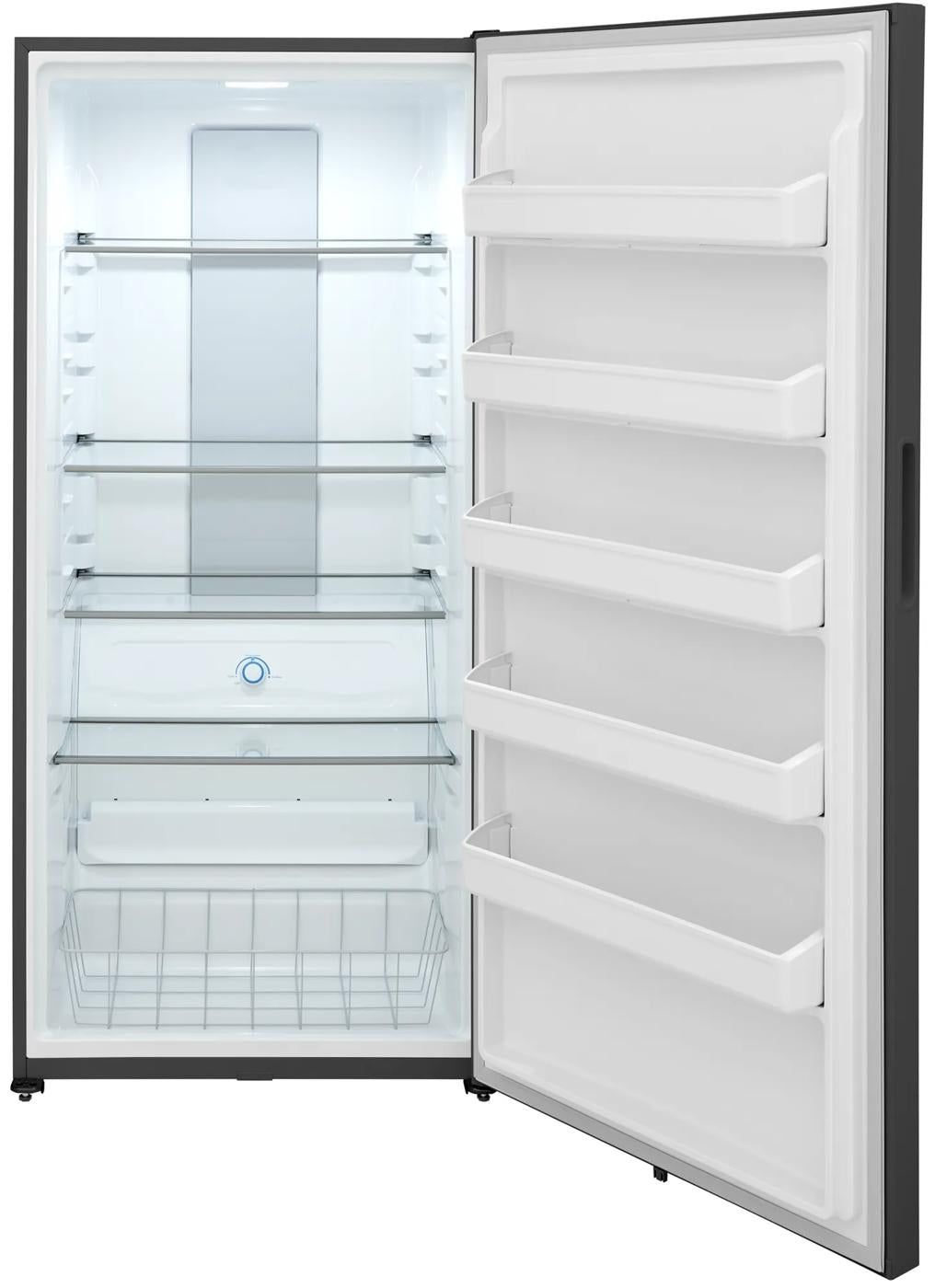 Open black upright freezer displaying adjustable glass shelves and multiple door storage bins in appliance setting