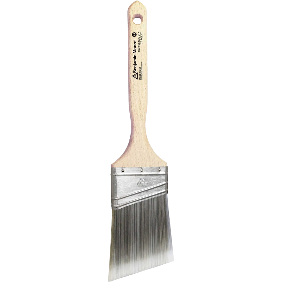 Paint brush with wooden handle and soft angled synthetic filaments for painting in Benjamin Moore Paint Brushes collection