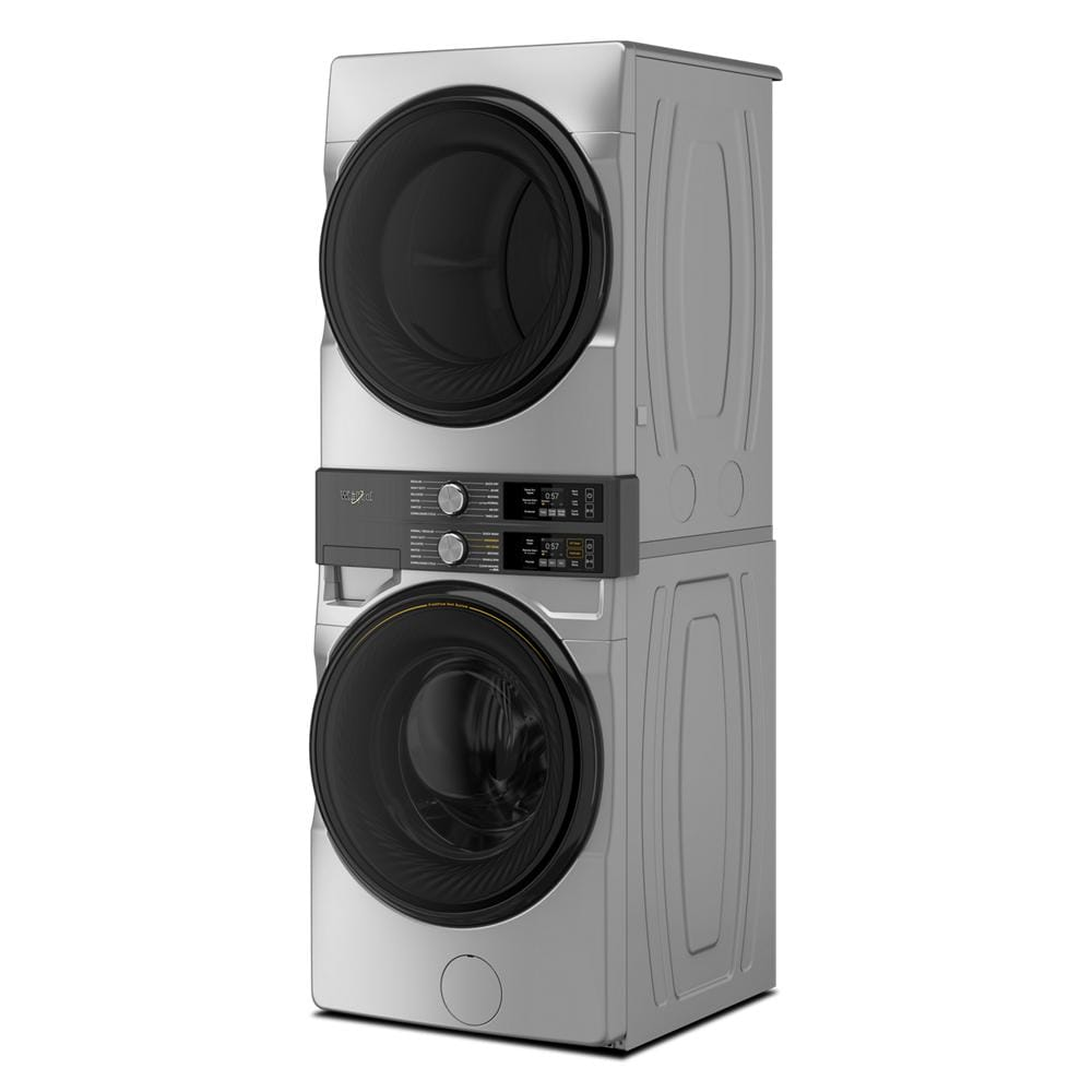 Silver front load stacked washer and dryer unit with easy-access digital controls and black door windows, part of appliance laundry centers and washer/dryer combos for home improvement.