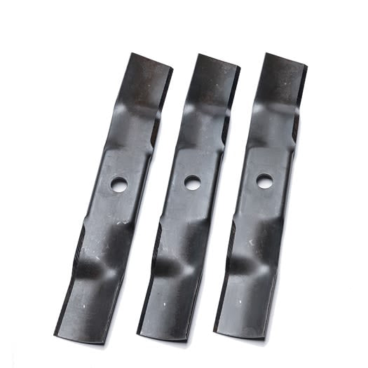 Set of three black metal mower blades with central mounting holes for lawn mower replacement and maintenance tasks