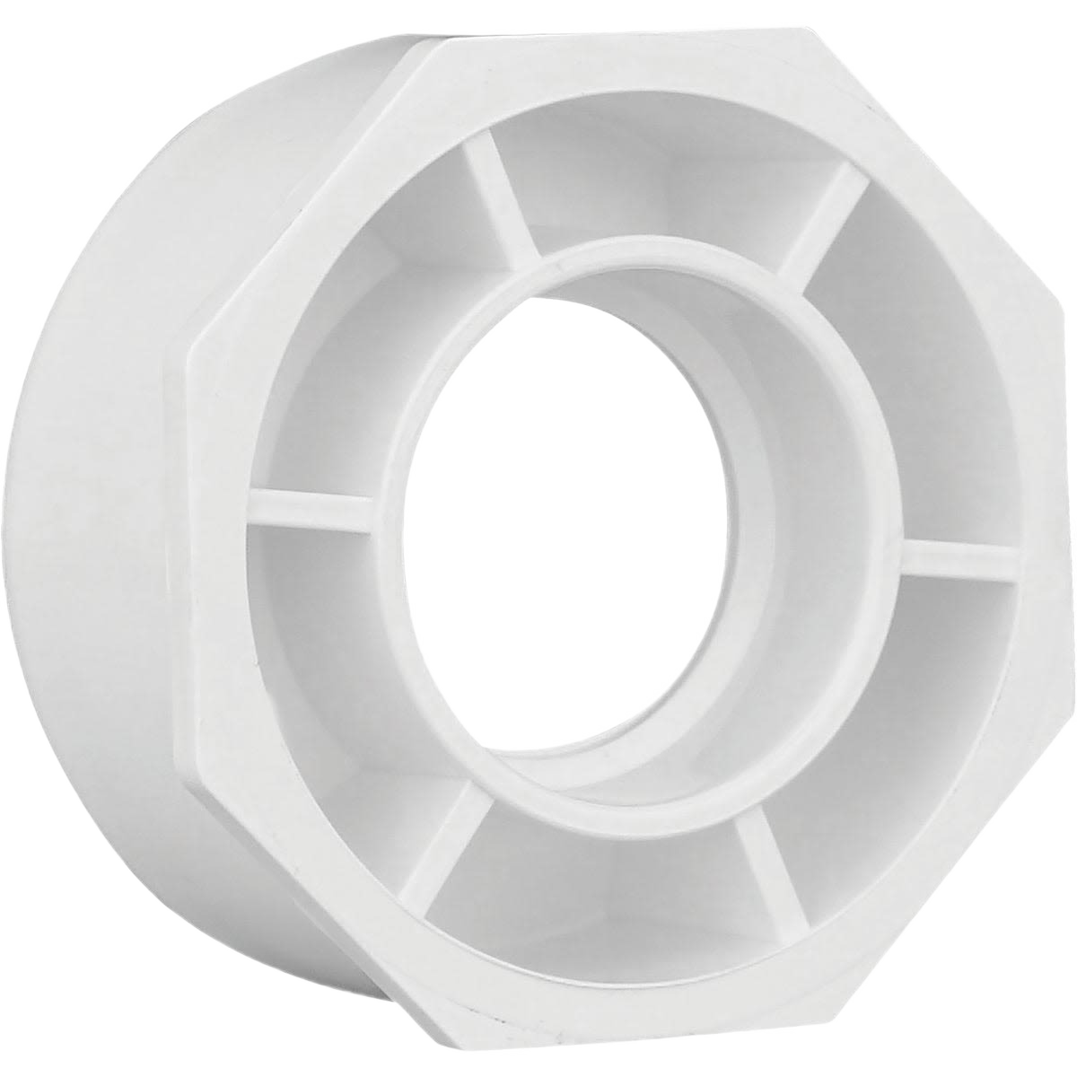 White PVC flush bushing with octagonal outer shape for plumbing and pipe fittings in home improvement collections