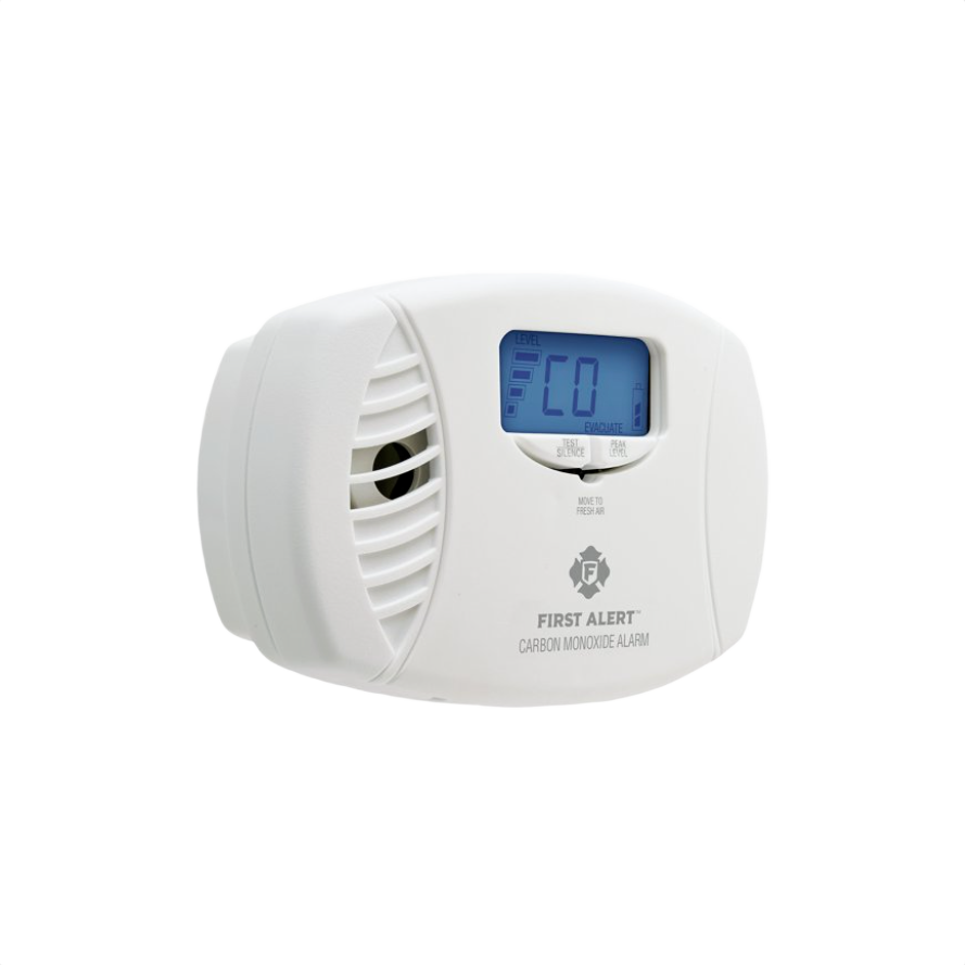 White dual-power carbon monoxide alarm with digital display and vented speaker for fire safety and electrical collections under $100