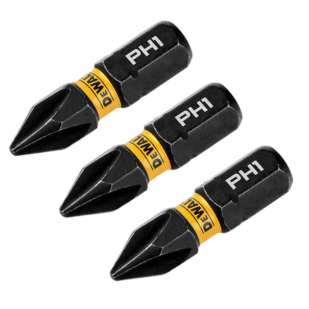 Three black DEWALT FLEXTORQ PH1 impact screwdriver bits with yellow bands for tool accessories and home improvement collections under $50