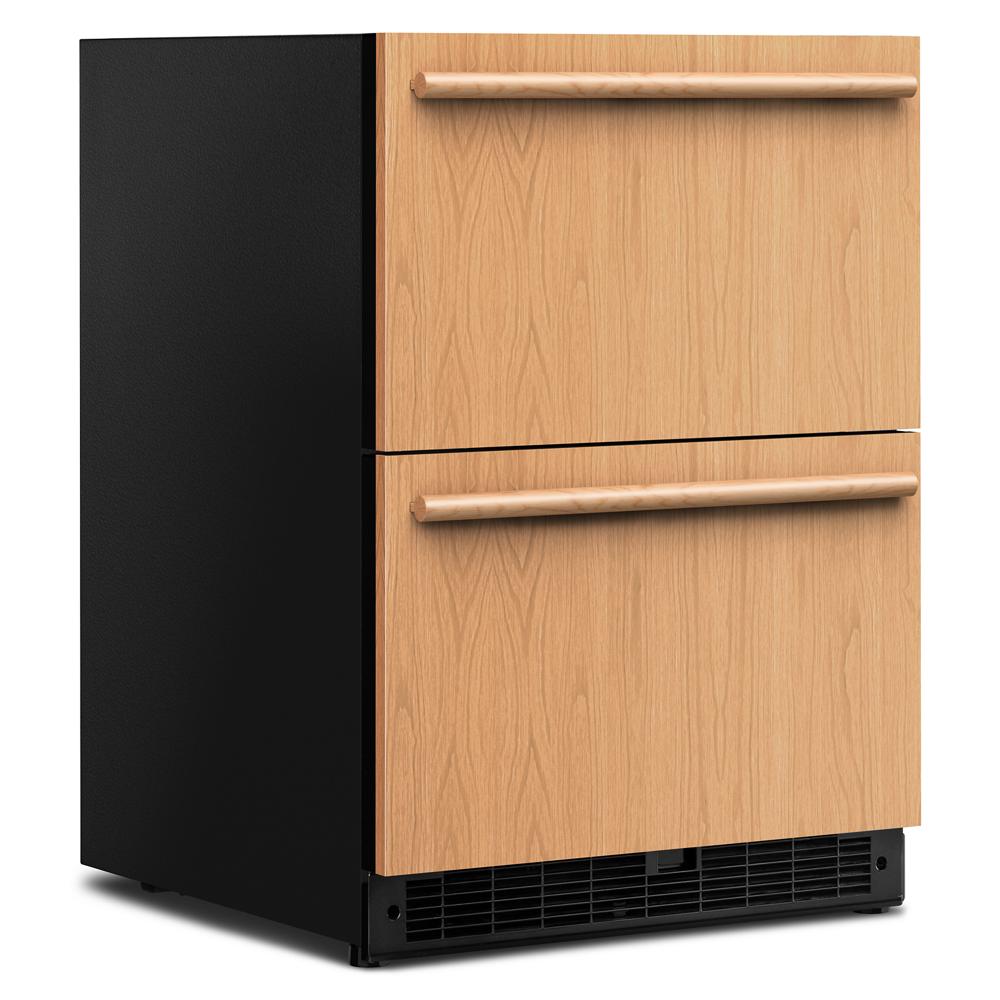 Panel-ready undercounter double-drawer refrigerator with natural wood finish handles in KitchenAid appliances collection