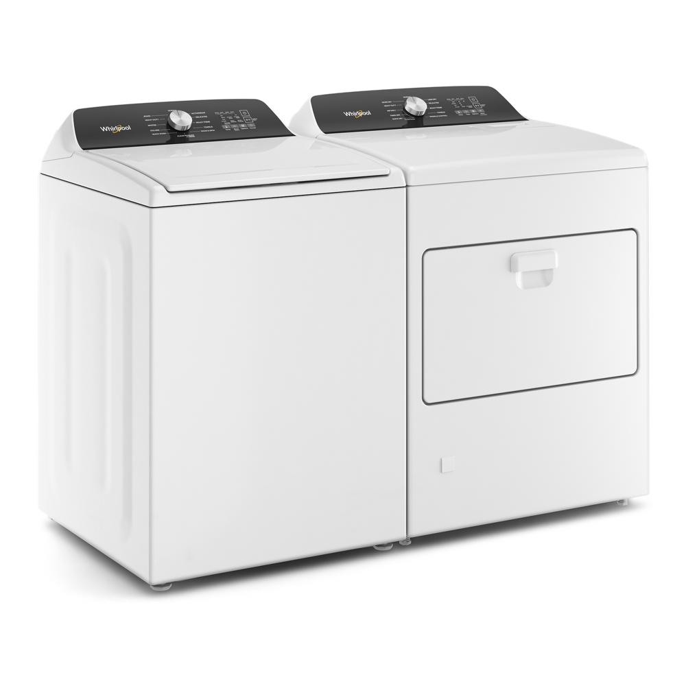 White top load washer and matching dryer with black control panels in modern appliances collection