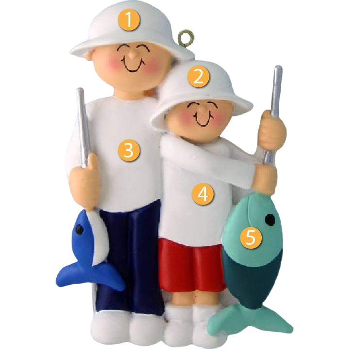 Cute boys in fishing gear holding colorful fish for Christmas tree decoration under fifty dollars