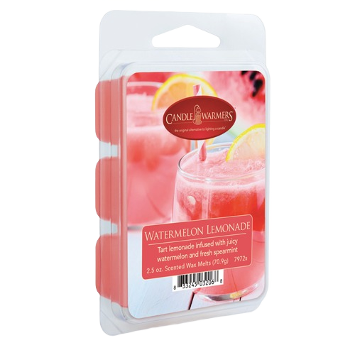 Pink scented wax melts packaged in clear plastic with watermelon lemonade drink imagery on label