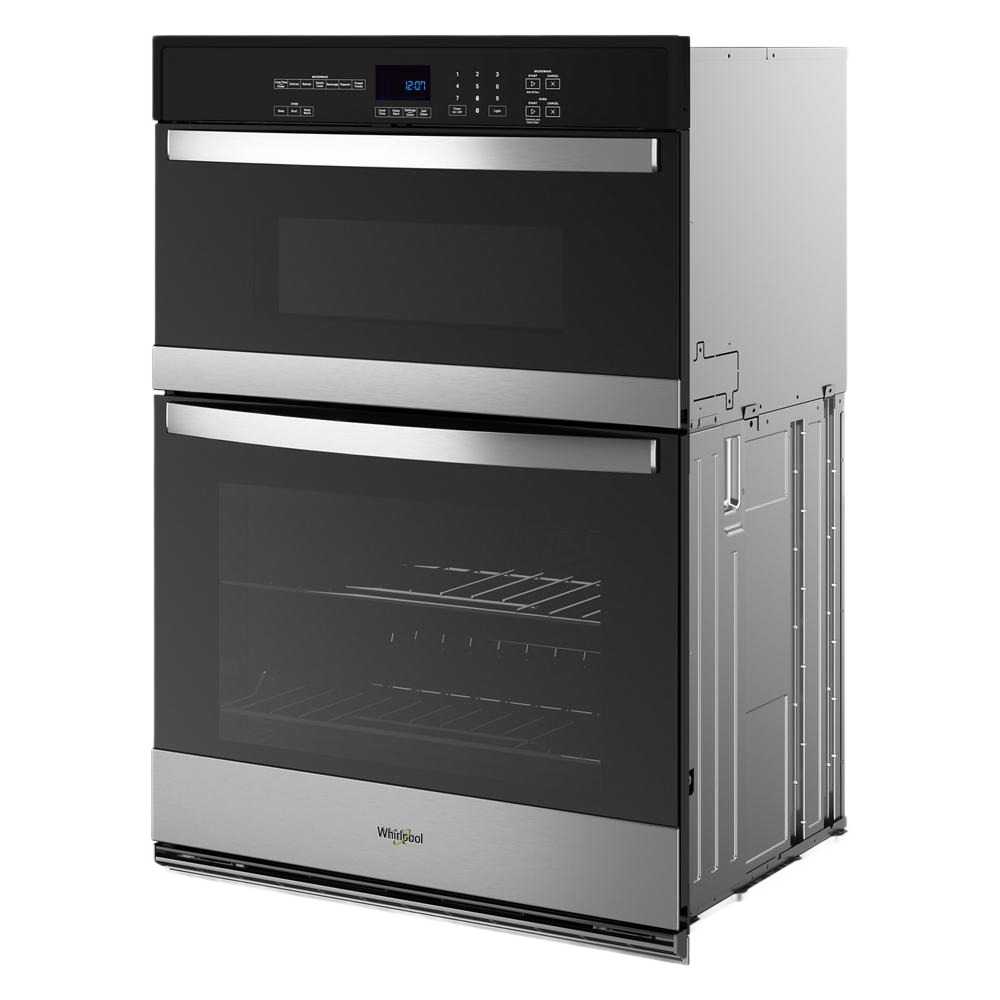 Stainless steel 6.4 cu. ft. combo wall oven with microwave, featuring digital controls, black glass doors, and handles, part of kitchen appliances collections.