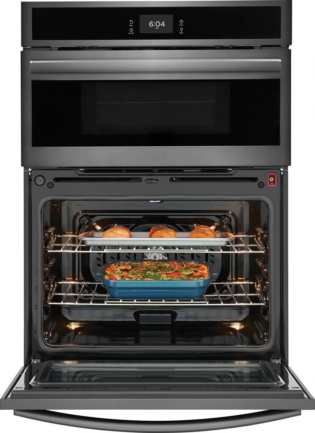 30" electric wall oven and microwave combo with open oven door showing baked rolls and casserole dish inside