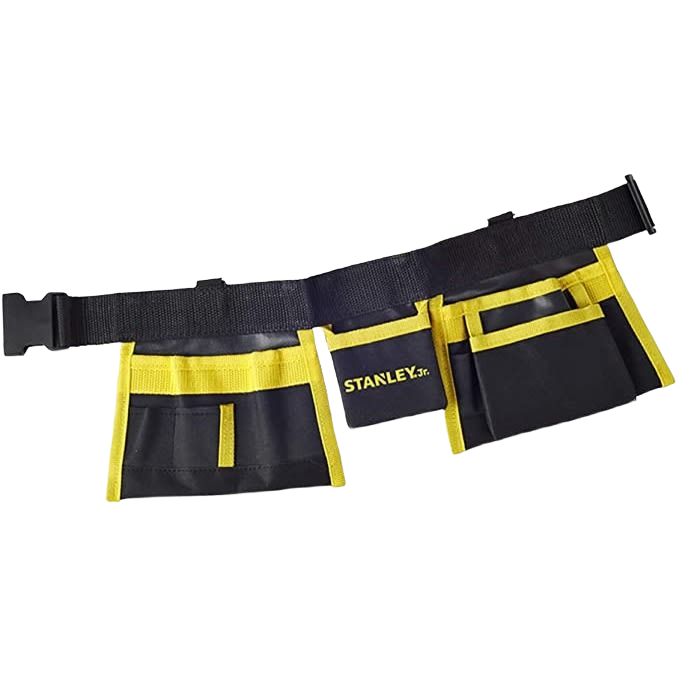 Black and yellow adjustable kids tool belt with multiple pockets for carrying small tools in home improvement projects