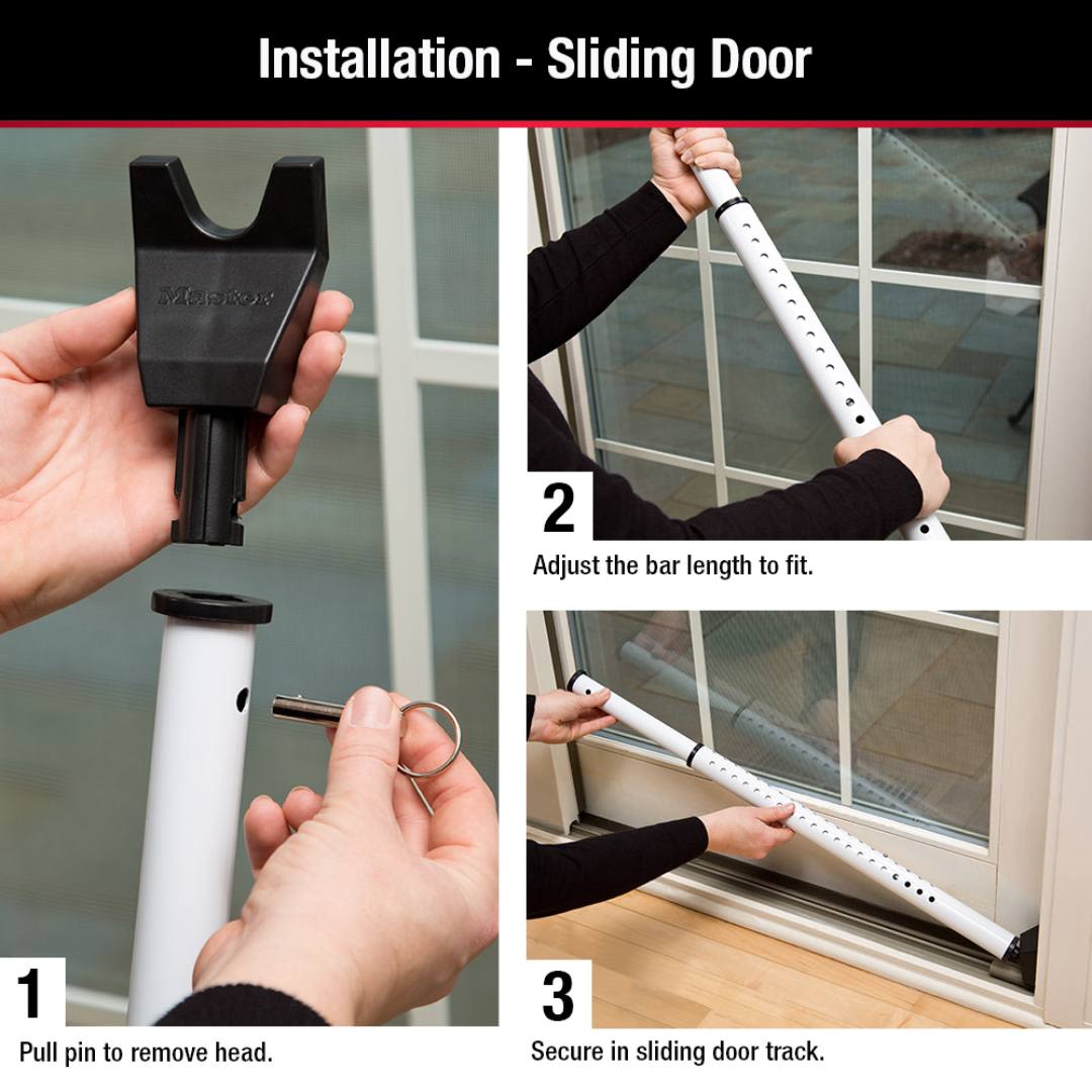Step-by-step setup of adjustable Master Lock security bar for sliding door protection in hardware and home improvement tools collections
