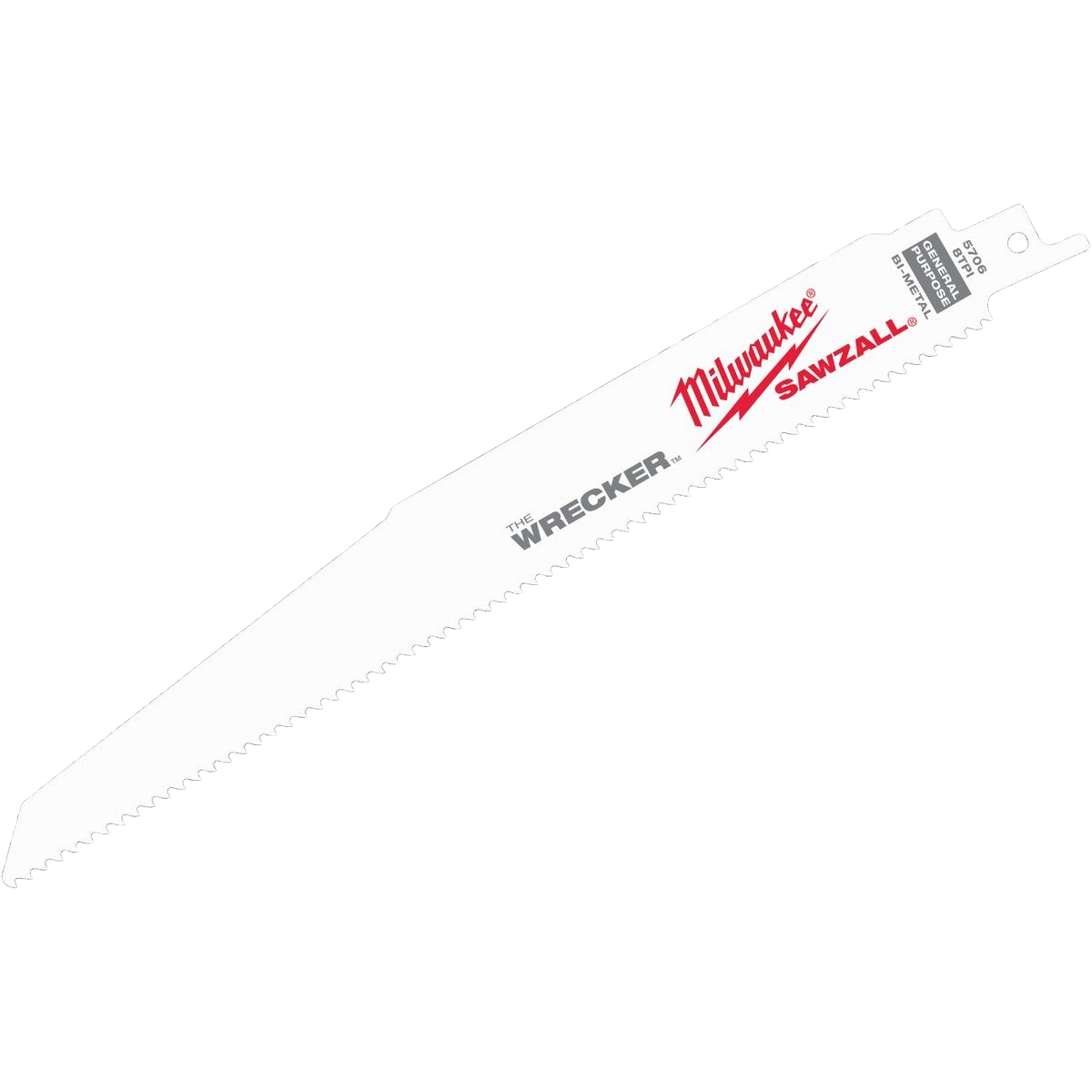 Close-up of a Milwaukee SAWZALL WRECKER 9-inch 7/11-TPI saw blade for demolition and woodworking tools collection