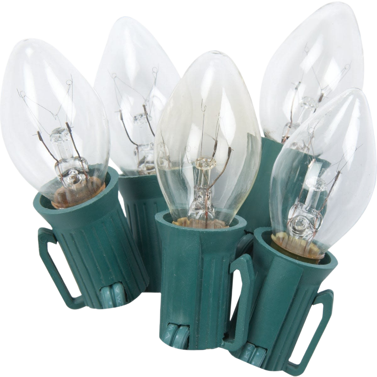 Set of clear incandescent C7 bulbs with green plastic bases for home improvement lighting projects
