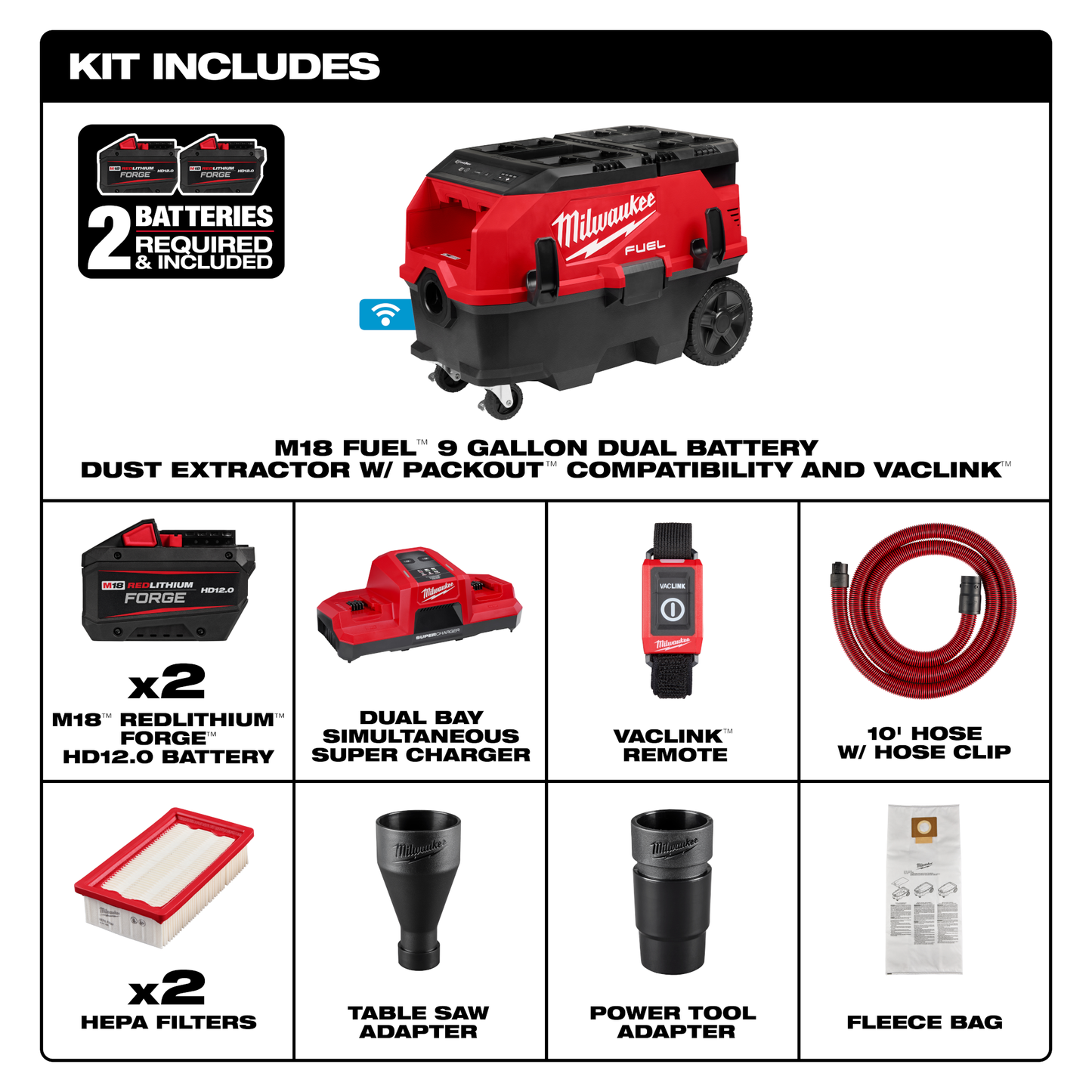 Milwaukee M18 FUEL™ 9 Gallon Dual Battery Dust Extractor w/ PACKOUT™ Compatibility and VACLINK™ Kit
