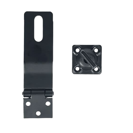 Matte black iron safety hasp with swivel lock, ideal for secure flush door installation in hardware and home improvement.