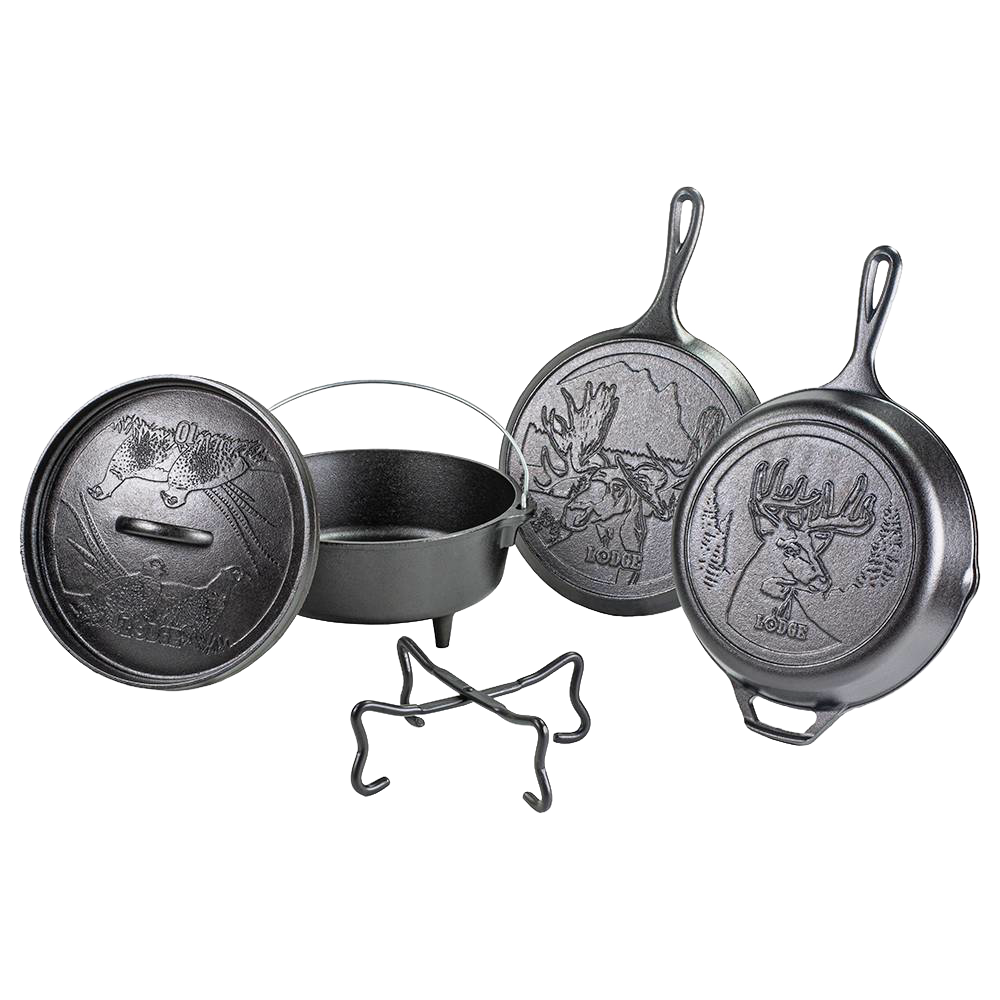 Five-piece cast iron cookware set with wildlife engravings, including skillets, Dutch oven, lid, and stand for kitchenware collection.