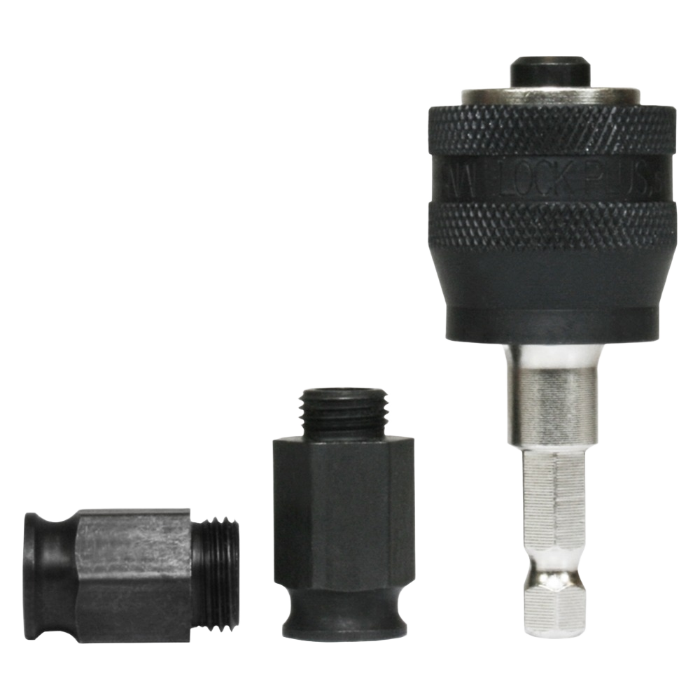 Black and silver mandrel system parts with threaded connectors for woodworking tools and home improvement projects