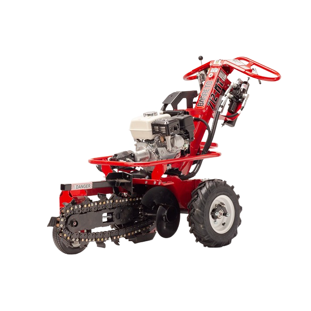 Red Barreto micro trencher with gas engine, free-wheeling hubs, and rugged tires, part of rental equipment for home improvement tools at Hartville Hardware.