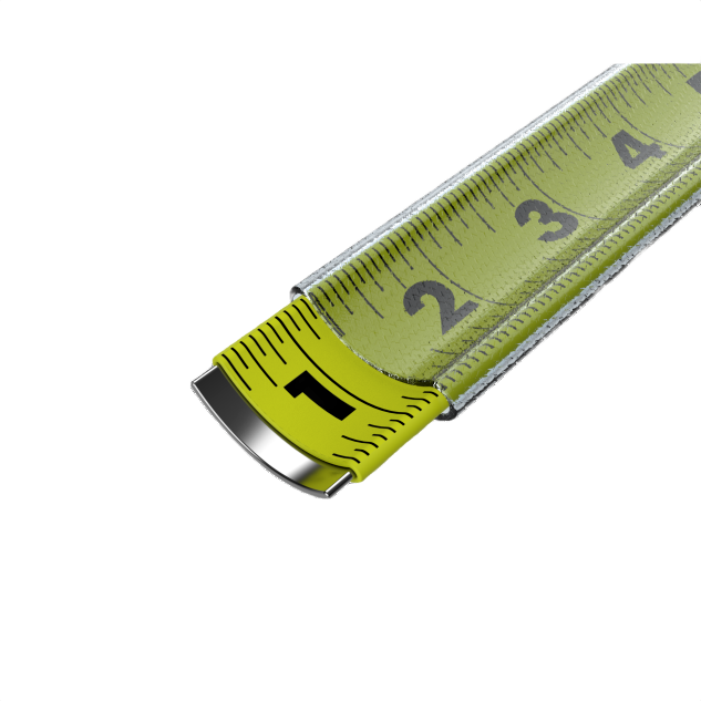 Close-up of yellow nylon-coated steel tape measure blade with black measurement markings for woodworking and home improvement tools collections
