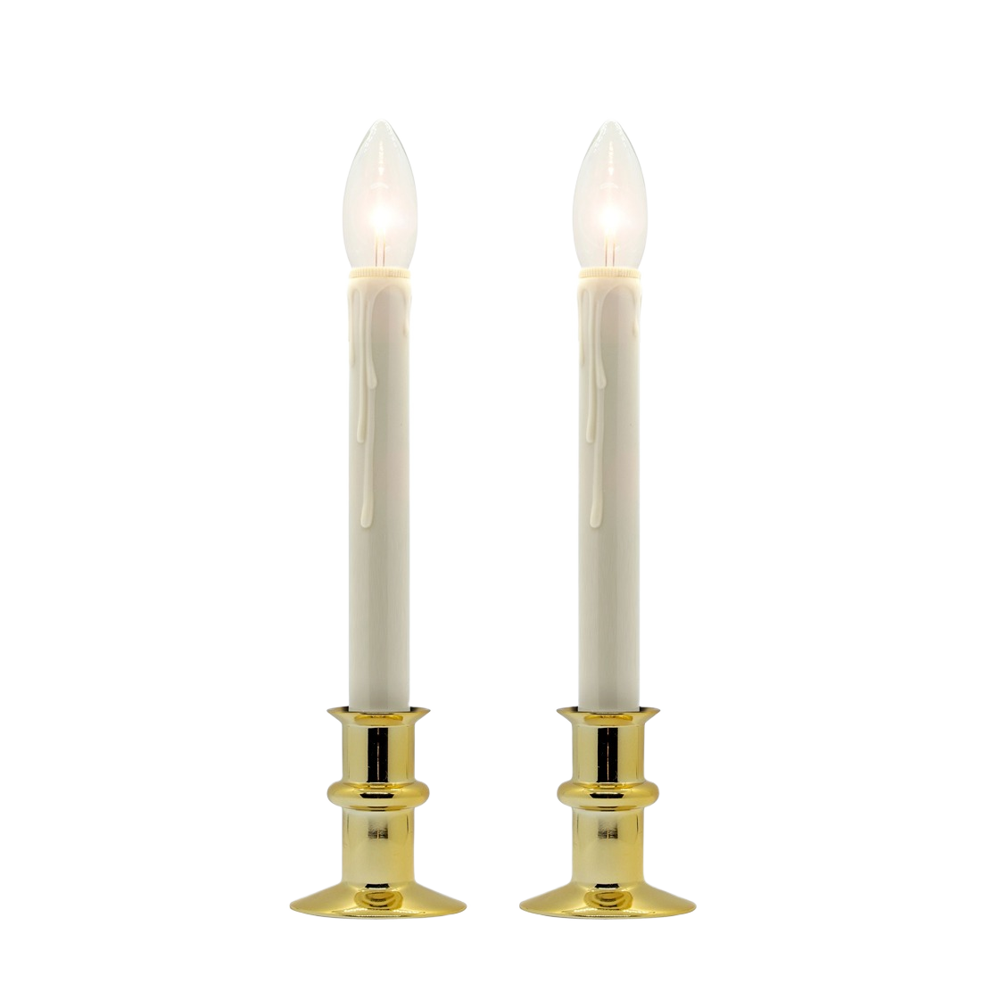 Two brass candlesticks with white tapered candles and flame-shaped LED bulbs for home decor lighting