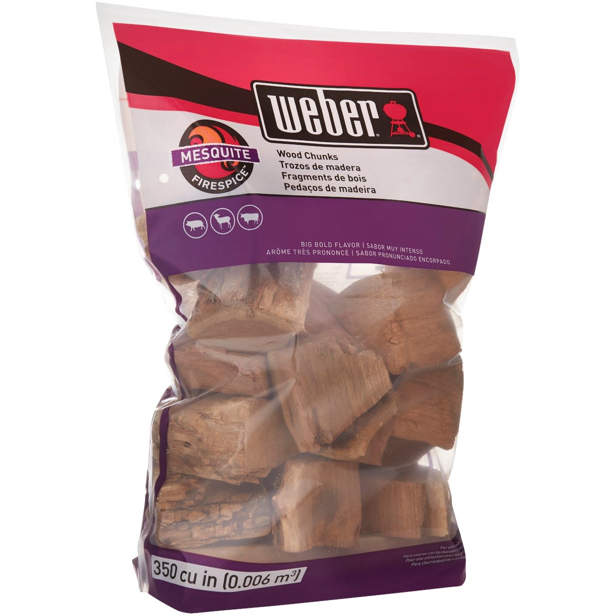 Clear plastic bag filled with natural mesquite wood chunks for smoking and grilling with bold flavor