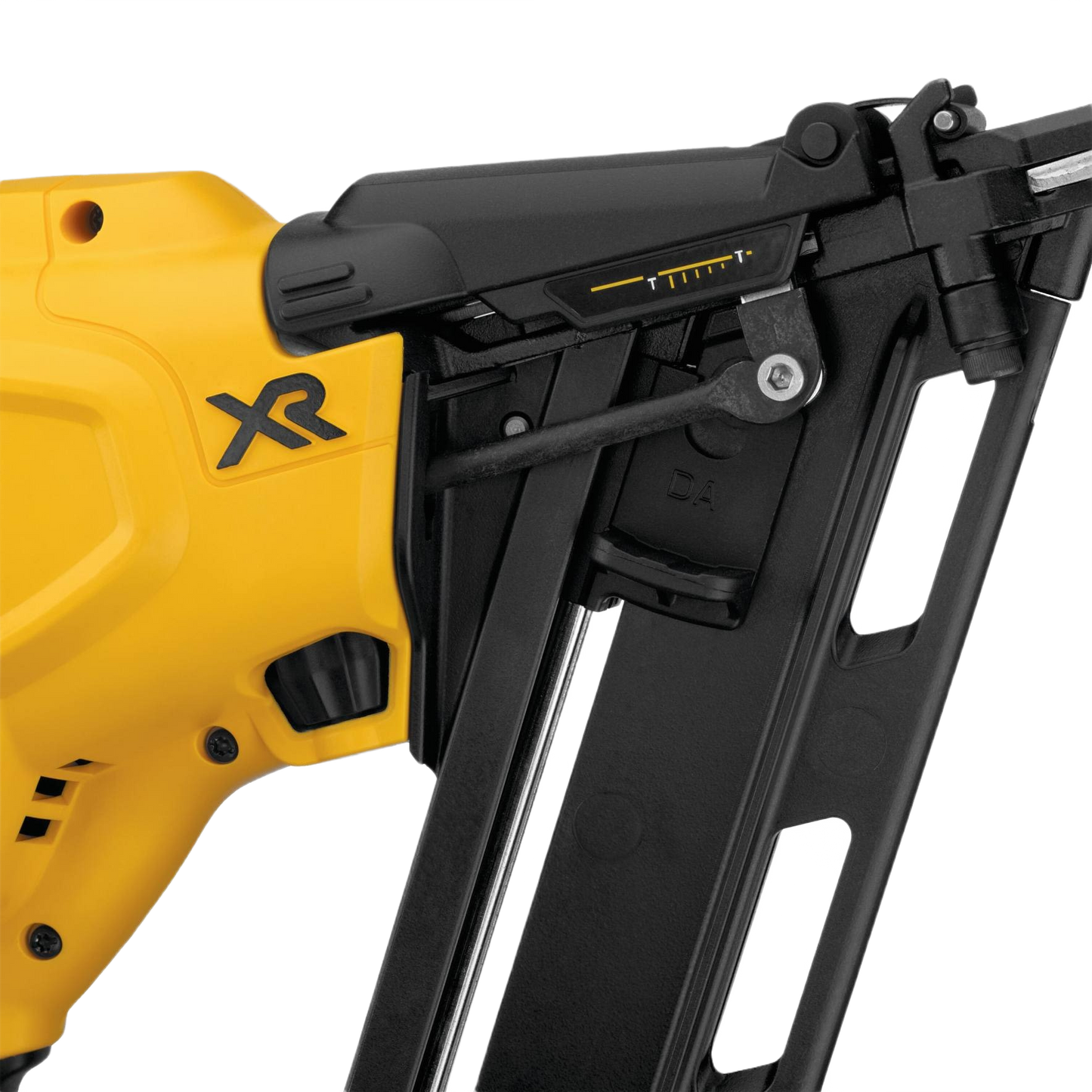 Close-up of yellow and black cordless angled finish nailer tool with ergonomic design for home improvement tasks