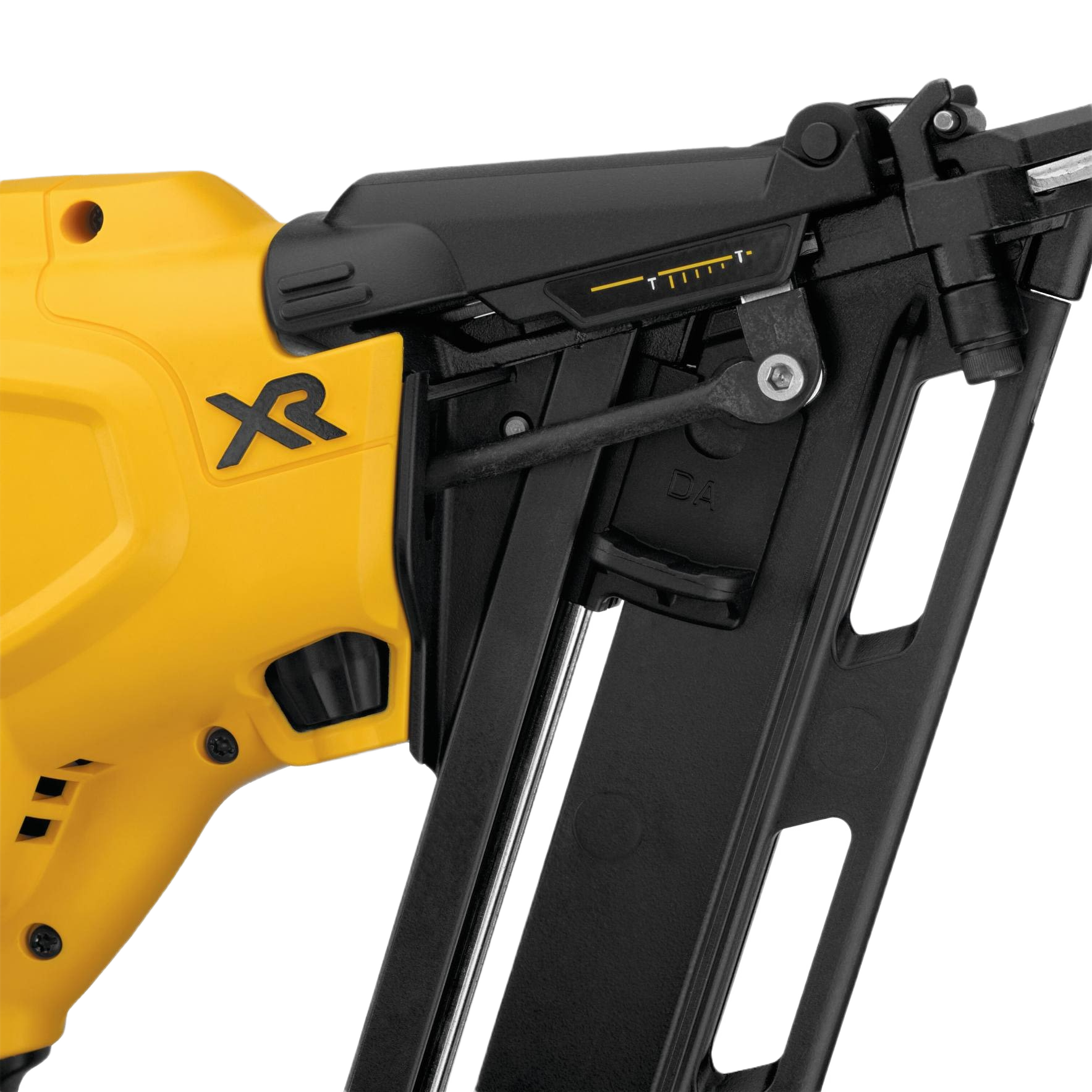 Close-up of yellow and black cordless angled finish nailer tool with ergonomic design for home improvement tasks