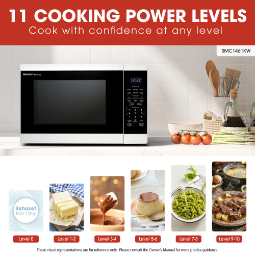 White countertop microwave with digital control panel showing multiple cooking power levels in kitchen setting