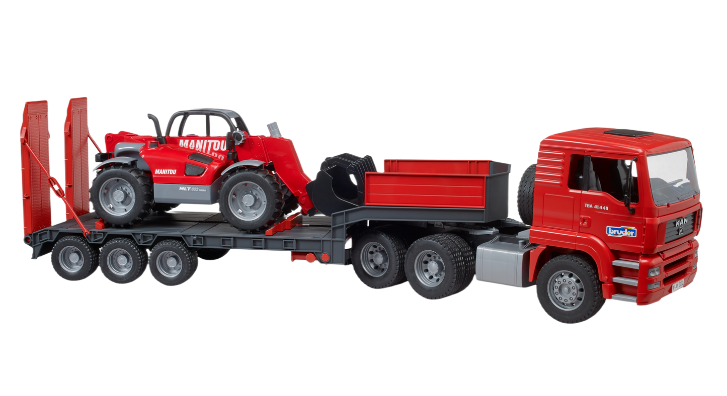 Red tractor truck with flatbed trailer carrying a compact red Manitou loader toy model