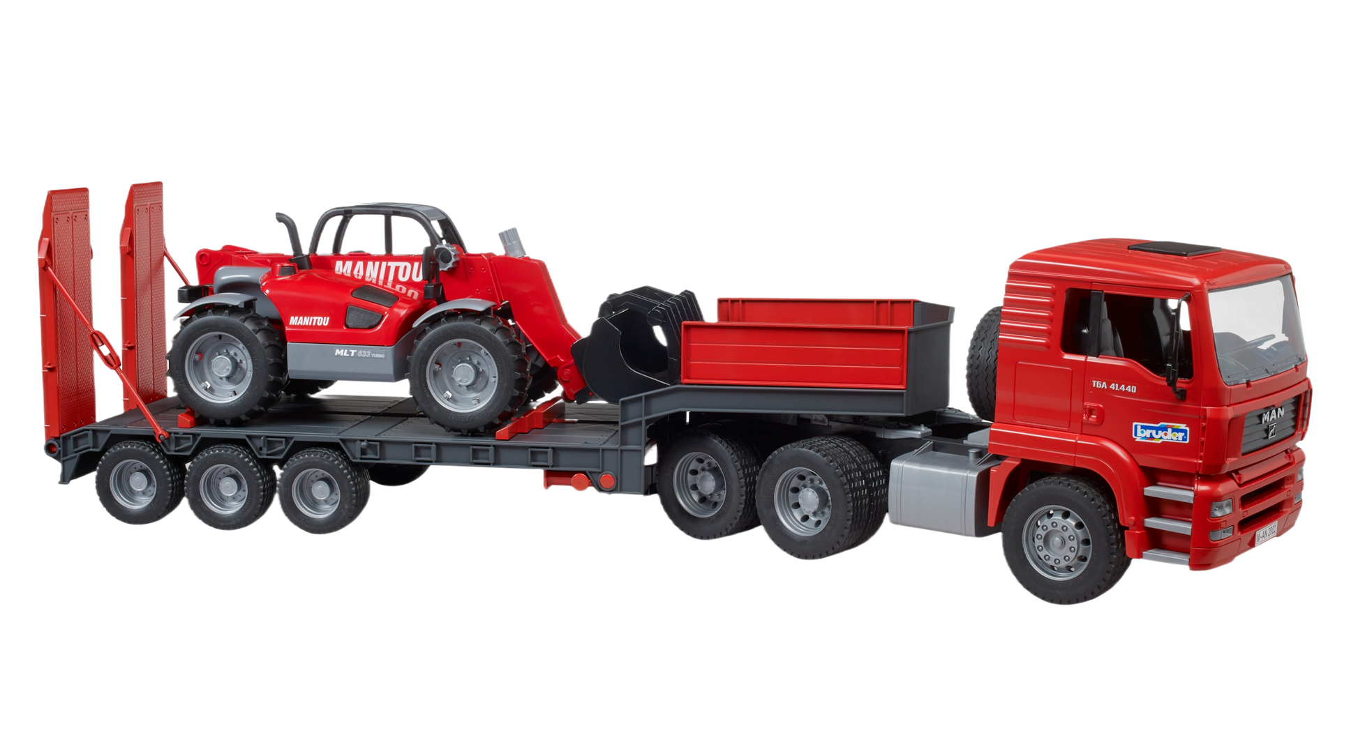 Red tractor truck with flatbed trailer carrying a compact red Manitou loader toy model