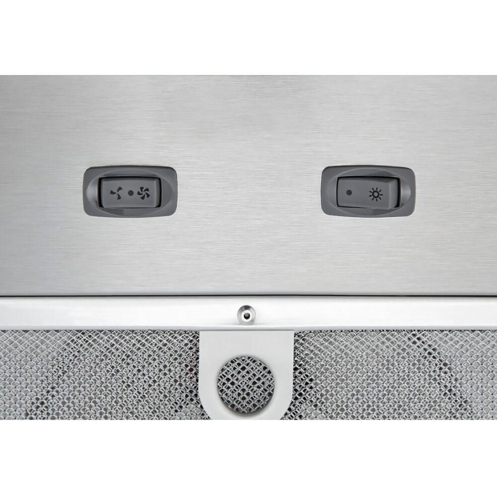 Close-up of stainless steel range hood power pack insert control switches with fan and lighting icons in kitchen appliances collections