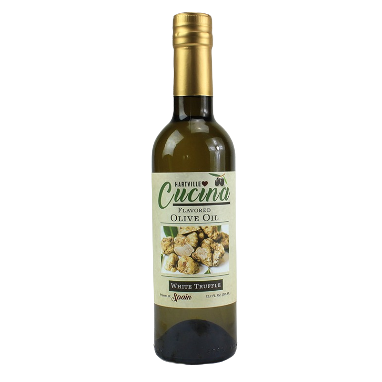 Glass bottle of white truffle flavored olive oil with gold cap and label featuring truffle mushrooms