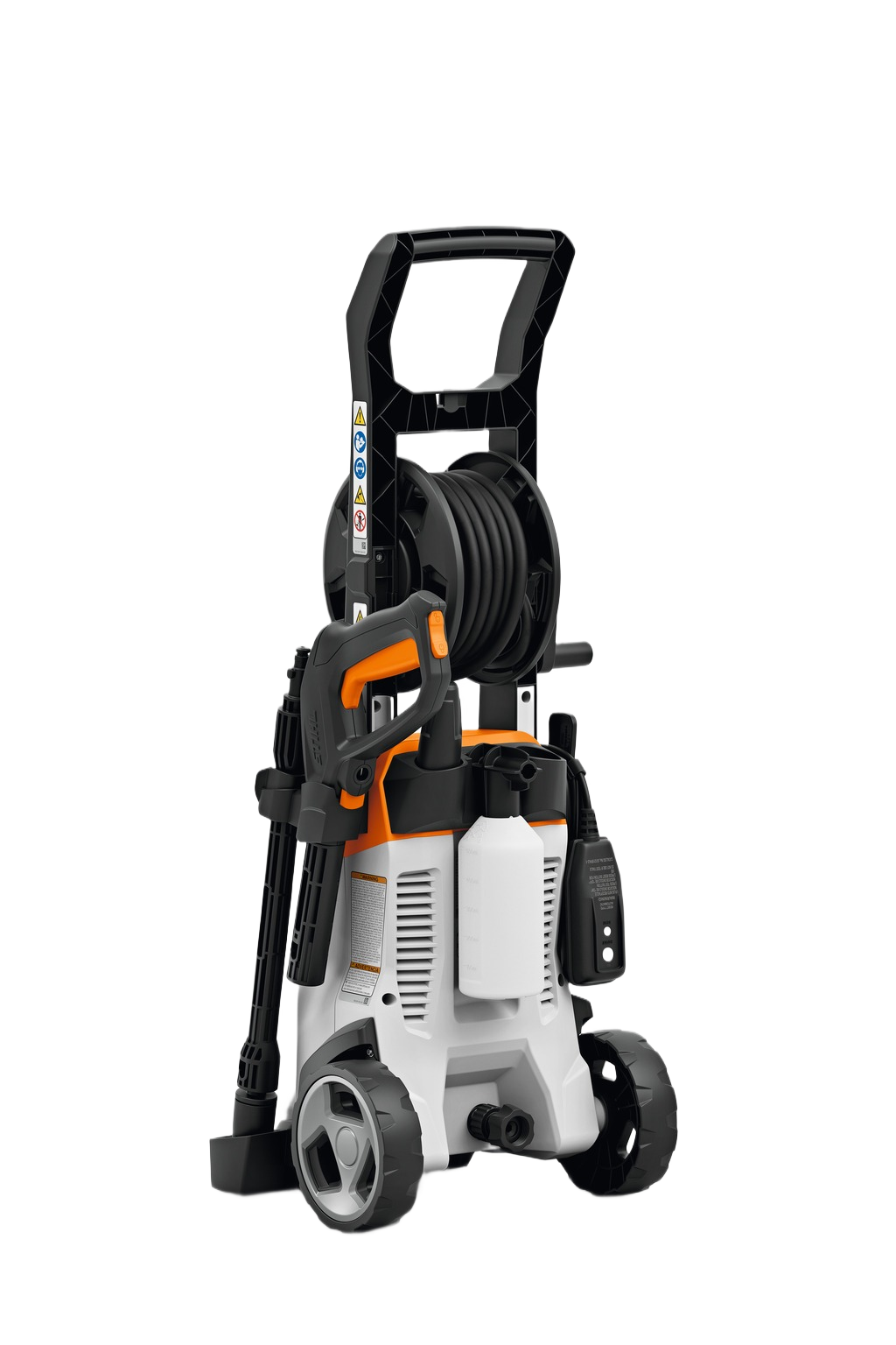 Portable white and orange pressure washer with hose reel, spray gun, and large wheels for home improvement cleaning tasks