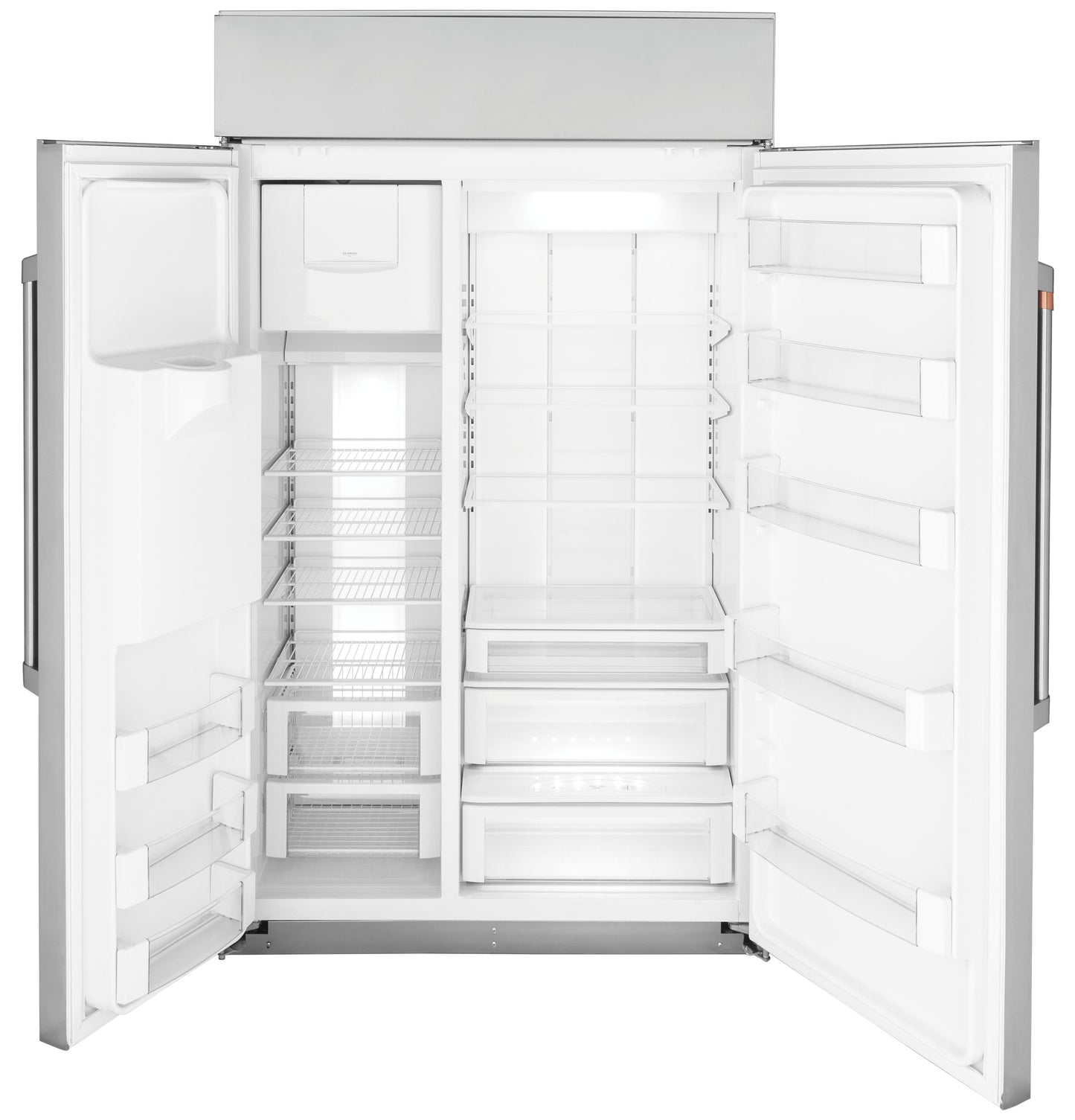 Open empty built-in side-by-side refrigerator with adjustable shelves and door bins in kitchen appliances collection