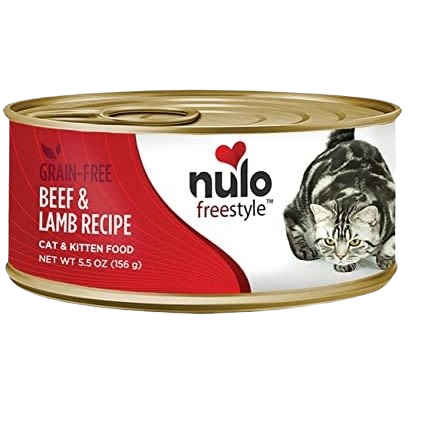 Can of grain-free beef and lamb recipe cat food with Nulo Freestyle branding and a cat image on the label