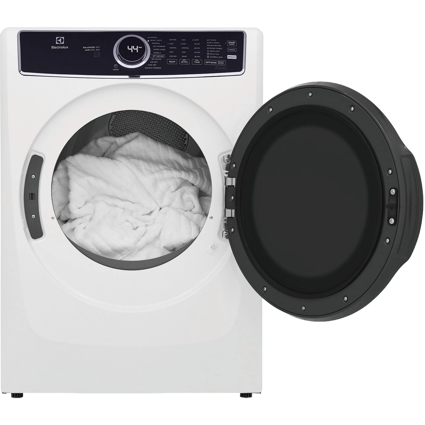 White front load electric dryer with open door showing soft fabric inside and digital control panel on top