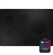 Black 30-inch built-in electric cooktop with touch controls and four heating elements in kitchen appliances collection