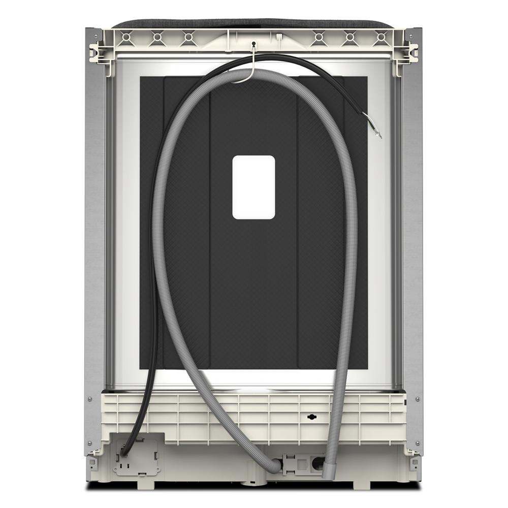Rear view of a panel-ready dishwasher with water inlet and drain hoses, designed for integrated kitchen installation