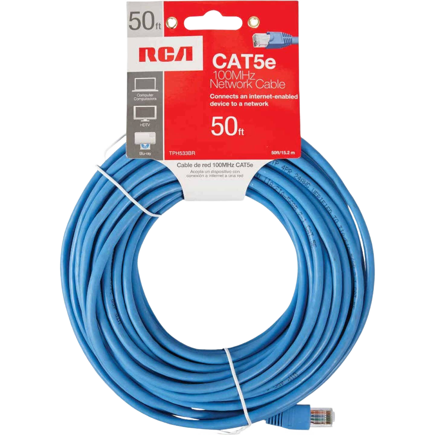 Blue 50-foot CAT-5e cable with RJ45 connectors for reliable network connections and home improvement use